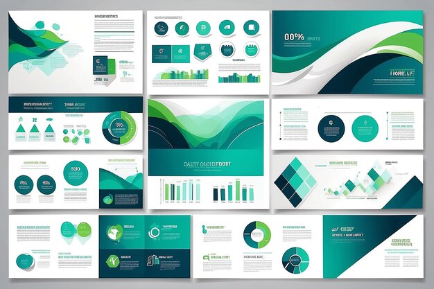 Blauwe en groene sjablonen voor de presentatie van de samenvatting Infografische elementen sjablonenset voor de webbrochure van het jaarverslag