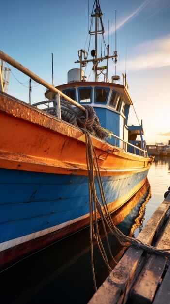 Blauwe en oranje boot aan de kade