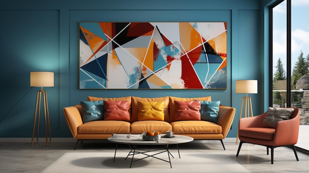 Blauwe en oranje woonkamer met abstracte schilderkunst