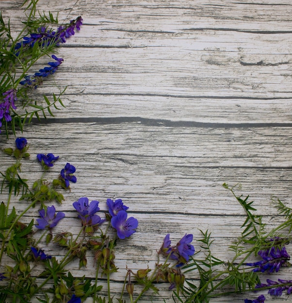 Blauwe en paarse natuurlijke wilde bloemen op een houten achtergrondruimte voor tekst