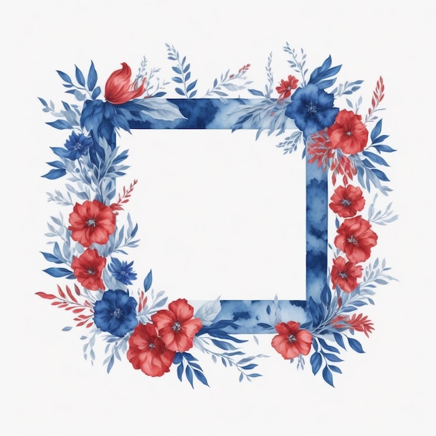 Blauwe en rode aquarel bloemen frame vierkante vorm bloemen frame AI gegenereerd