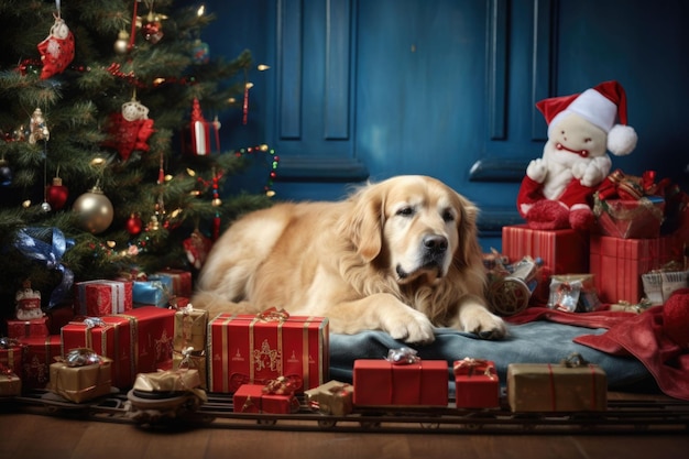 Blauwe en rode kerstkamer decoratie met hond die op de vloer ligt kerstboom met geschenken en trein AI gegenereerde illustratie