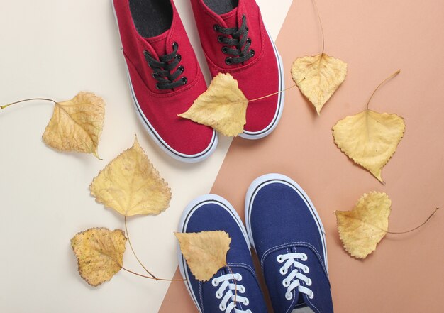 Blauwe en rode sneakers en gevallen herfstbladeren. Herfstcollectie, modieuze damesschoenen. Bovenaanzicht