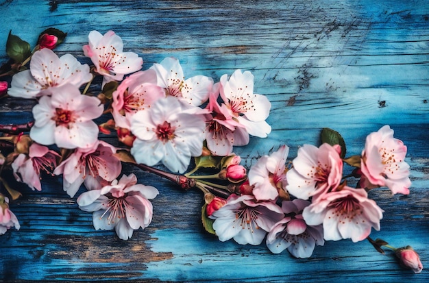 Blauwe en roze bloemen met blauwe verf op een houten achtergrond