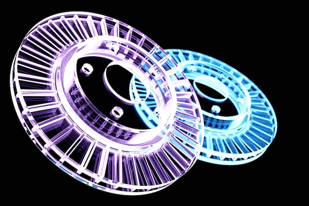 Blauwe en roze rem pluggen op zwarte achtergrond 3d illustratie auto reparatie onderdelen