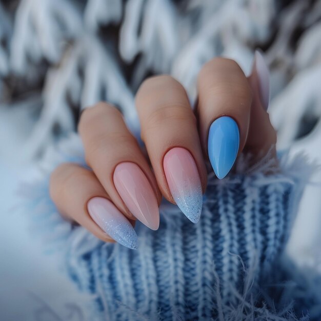 Blauwe en roze winter manicure nagels een hand gegenereerde AI foto