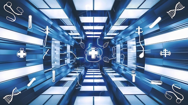 Blauwe en witte futuristische achtergrond met medicijnsymbolen