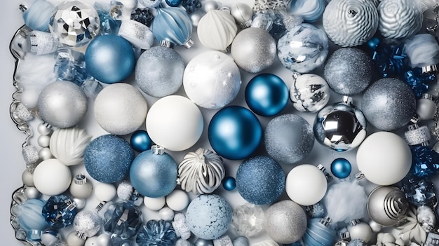 Blauwe en witte kerst ornamenten op een witte achtergrond