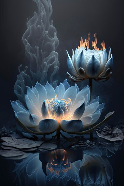 Blauwe en witte lotusbloemen in vlammen, bliksem