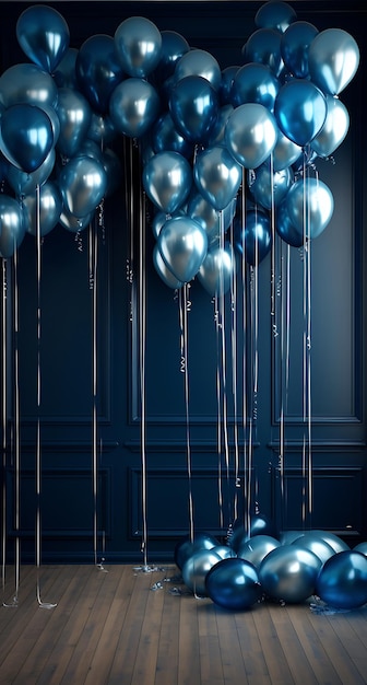 blauwe en zilveren ballonnen in een kamer