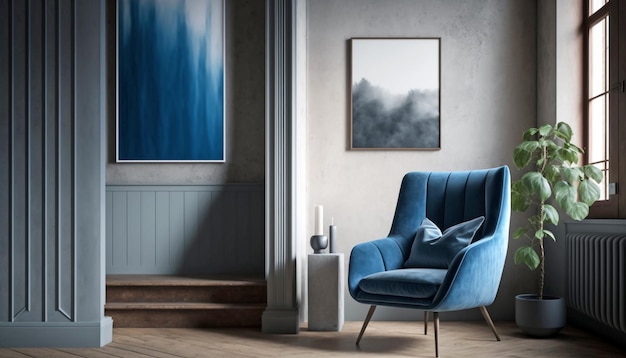 Blauwe fauteuil en grijze muren klassiek kamerontwerpproject Heldere taupetinten zijn een trend 2023 Luxe lounge of receptie met accent Generatieve AI