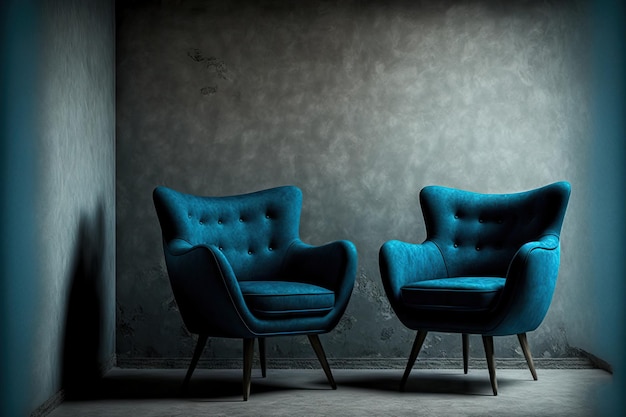 Blauwe fauteuils op houten vloeren in een kamer met een betonnen muur