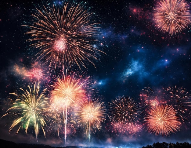 Blauwe feestelijke vuurwerk achtergrond met vonken gekleurde sterren en heldere nevel op de zwarte nachtelijke hemel universum Verbazingwekkende schoonheid kleurrijke vuurwerk vertoning op de viering met feestdagen achtergrond