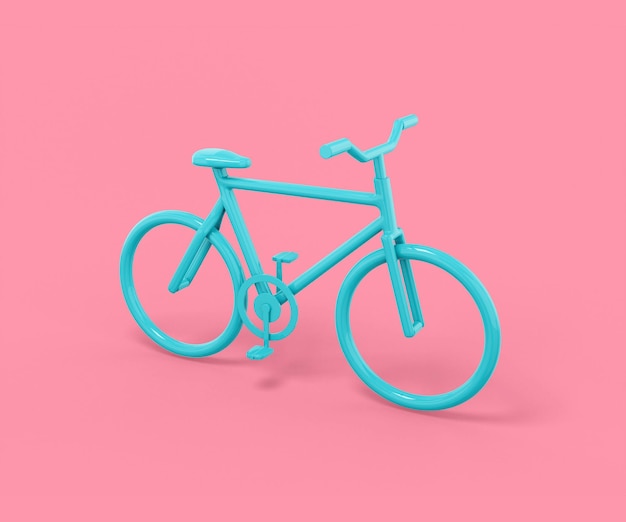 Blauwe fiets op een roze achtergrond. Minimalistisch designobject. 3D-rendering pictogram ui ux interface-element.