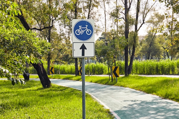 Blauwe fietsverkeersteken met unidirectionele straat.