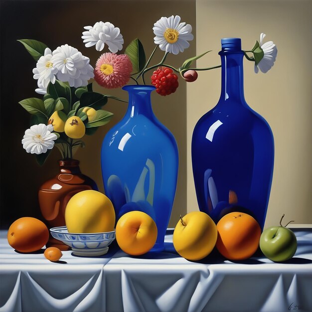 blauwe flessen fruit en bloemen op de tafel stilstand door catherine abel door stephen gibb