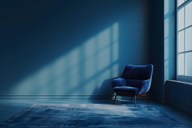 Blauwe fluweel fauteuil in klassiek interieur met blauwe muur en tapijt 3d render