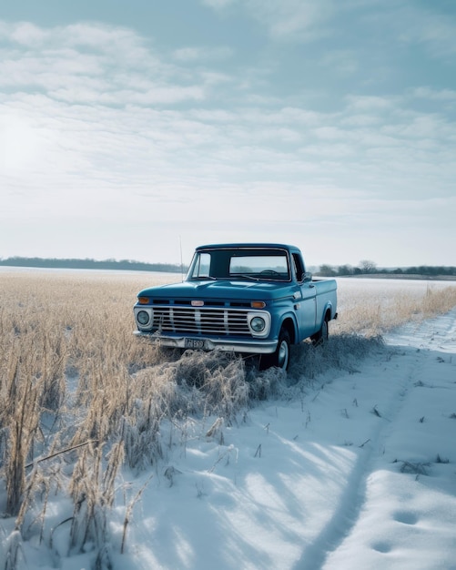 Blauwe Ford F100 V8 1970 In veld vol sneeuw Generatieve AI