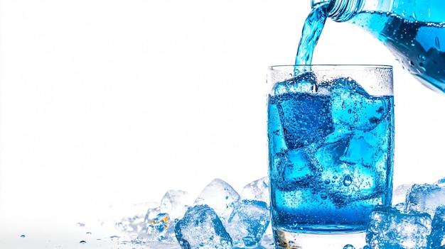Blauwe frisdrank in een glas met ijs uit een fles gieten.