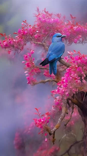 Blauwe gaai op een tak met roze bloemen