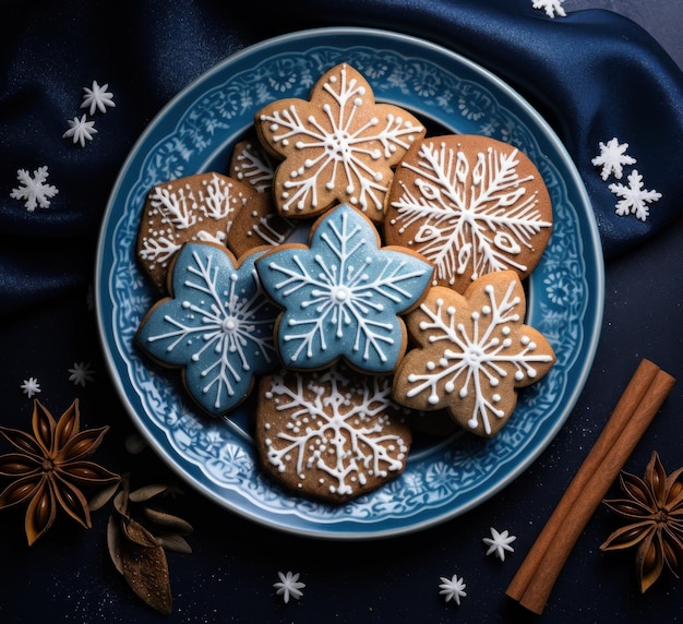 blauwe gemberkoekjes op een bord met blauwe sneeuwvlokken