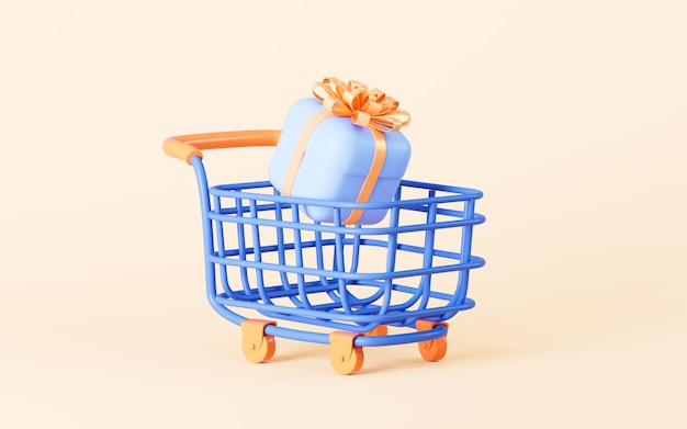 Blauwe geschenkdoos en winkelwagentje in de gele achtergrond 3D-rendering
