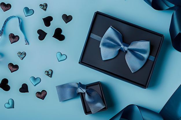 Blauwe geschenkdoos met vlindertje en lint op blauwe achtergrond
