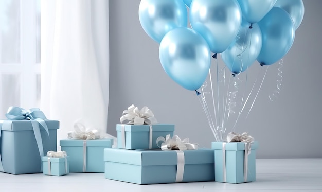 Blauwe geschenkkistjes en ballonnen feestconcept