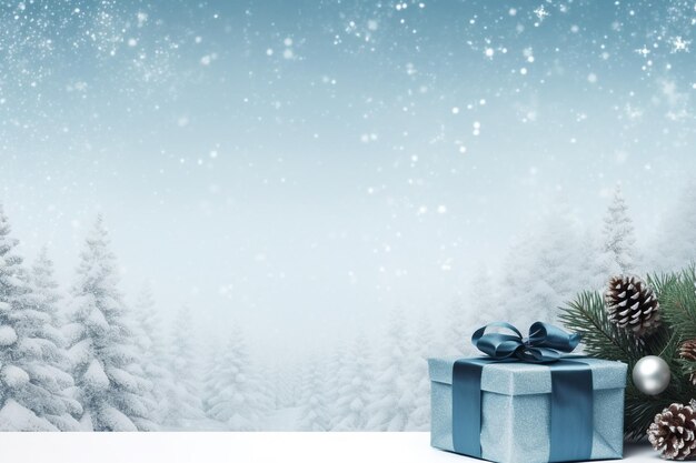 Blauwe geschenkkistjes met kerstballen en dennenboom op sneeuw achtergrond
