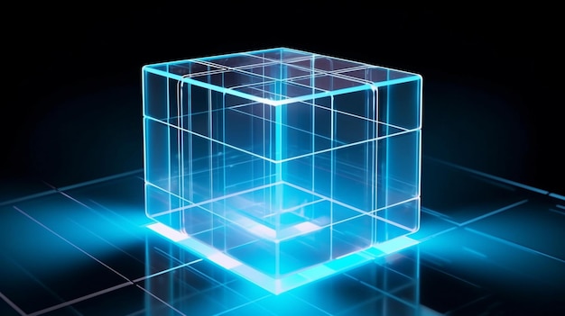 Blauwe gloeiende kubus op een platform