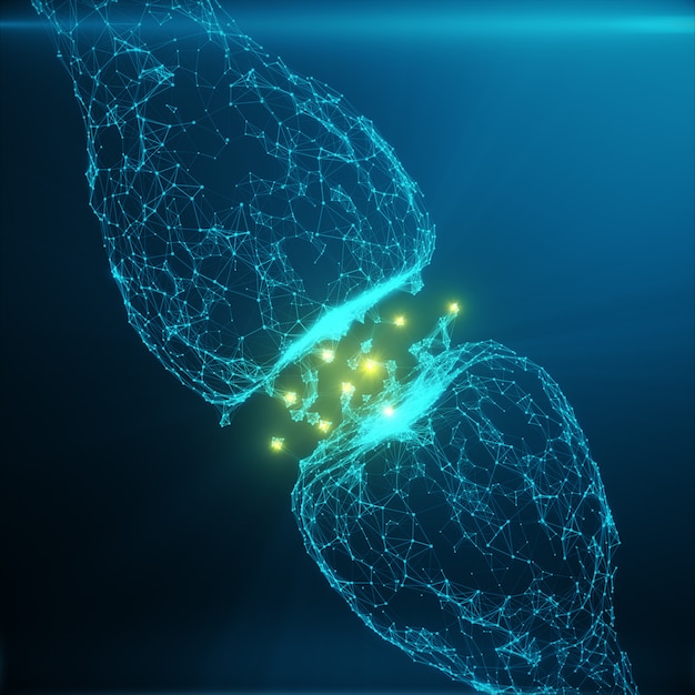 Blauwe gloeiende synaps. Kunstmatige neuron in concept van kunstmatige intelligentie. Synaptische transmissielijnen van pulsen. Abstracte veelhoekige ruimte laag poly met verbindende punten en lijnen, 3D-rendering