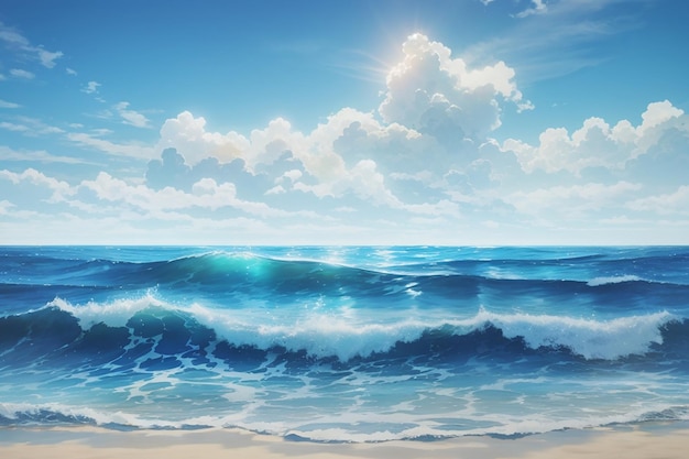 Blauwe golvende zee en de heldere hemel