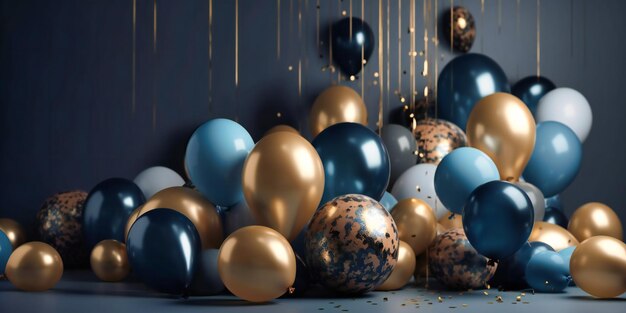 Blauwe gouden en zilveren ballonnen op blauwe achtergrond en op blauwe lichten