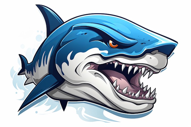 Blauwe haai hoofd splash cartoon mascotte personage met esport logo icoon illustratie