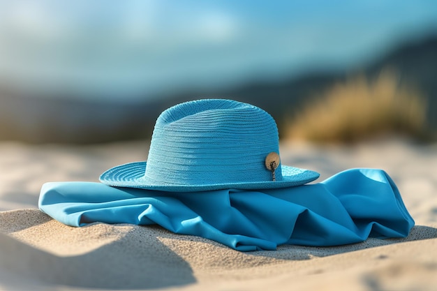 Blauwe handdoek zomerhoed strandzand Genereer Ai
