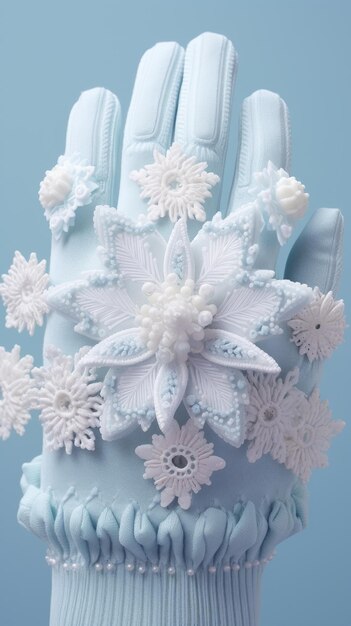Blauwe handschoen met witte bloemen