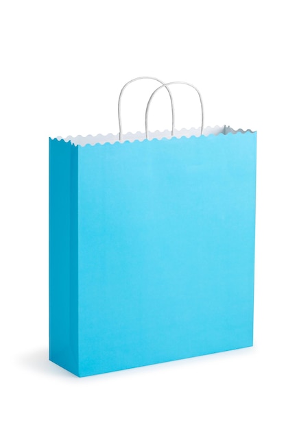 Blauwe handvat papieren zak geïsoleerd op wit