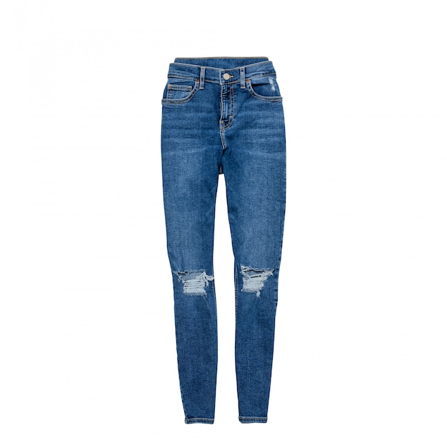 Blauwe haveloze jeans op een witte achtergrond. Kleding concept. Plat leggen. Isoleren