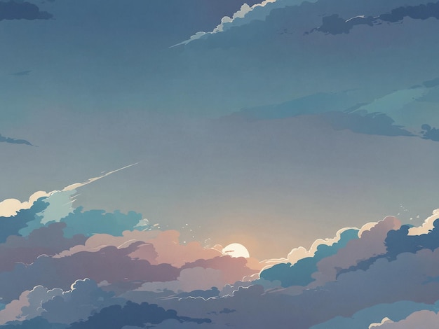 Blauwe hemel met wolken en zon anime stijl