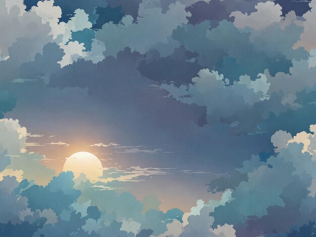 Blauwe hemel met wolken en zon anime stijl