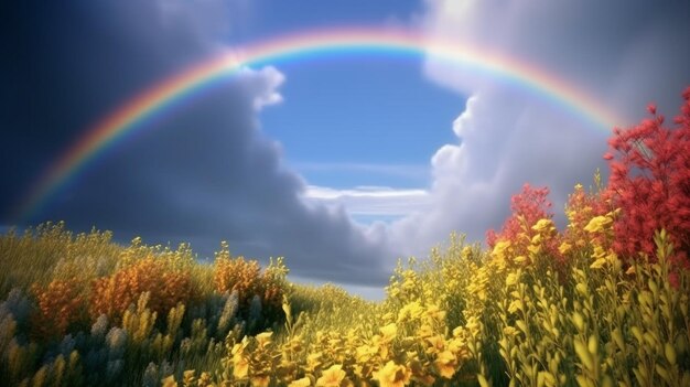 Blauwe hemel wolken regenboog heldere bloemen schitterend zonlicht AI gegenereerde afbeelding