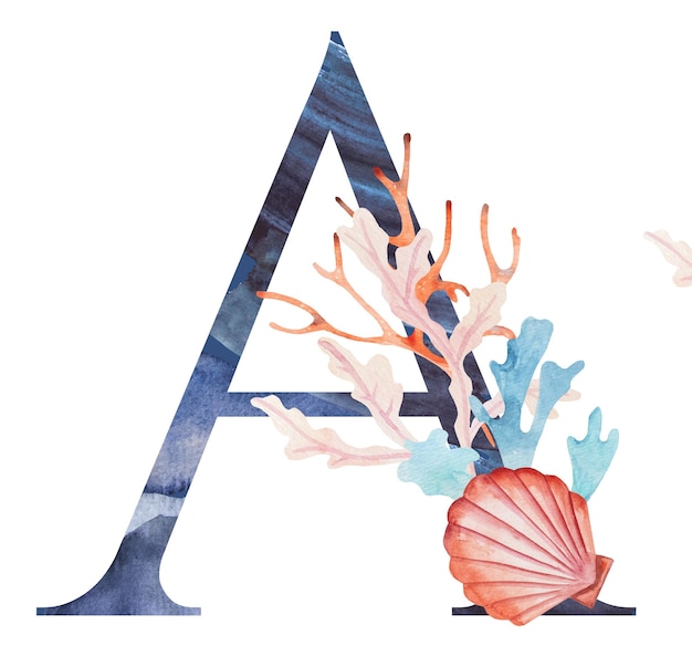 Blauwe hoofdletter A versierd met aquarel zeewier koralen en schelpen illustratie