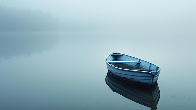 Foto blauwe houten boot drijft op een rustig meer op een mistige dag de boot bevindt zich in het midden van het frame en is omringd door een deken van mist
