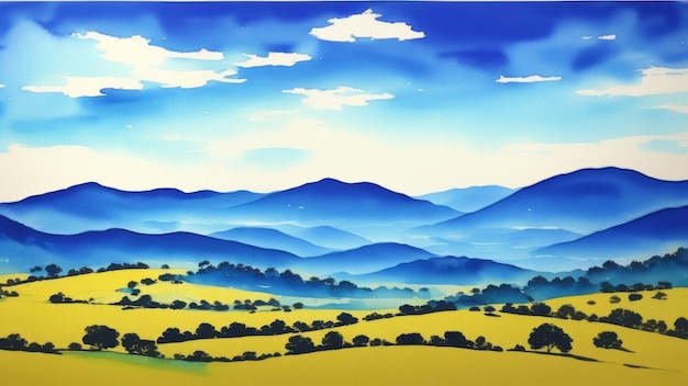 Blauwe inkt landschapsschilderkunst met inktpunten Blauwe klassieke aquarel Illustratie AI gegenereerd