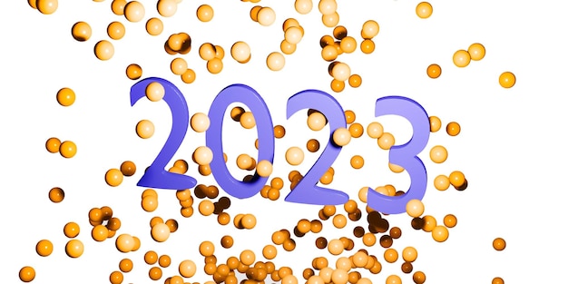 Blauwe inscriptie 2023 in de vorm van cartoon plastic letters met vallende gele ballen geïsoleerd op een witte achtergrond 3d illustratie