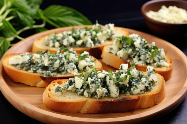 Blauwe kaasbruschetta met verse muntblaadjes als garnering