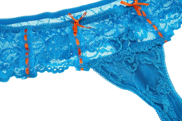 Blauwe kanten string met strik damesslipjes geïsoleerd over wit