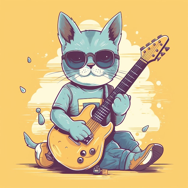 blauwe kat die gitaarillustratie speelt