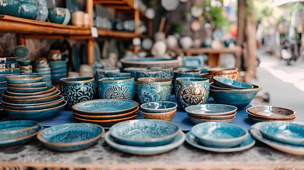 Blauwe keramiek op een tafel in een buitenmarkt