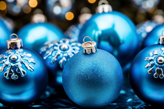 Blauwe kerstballen op een bokehachtergrond